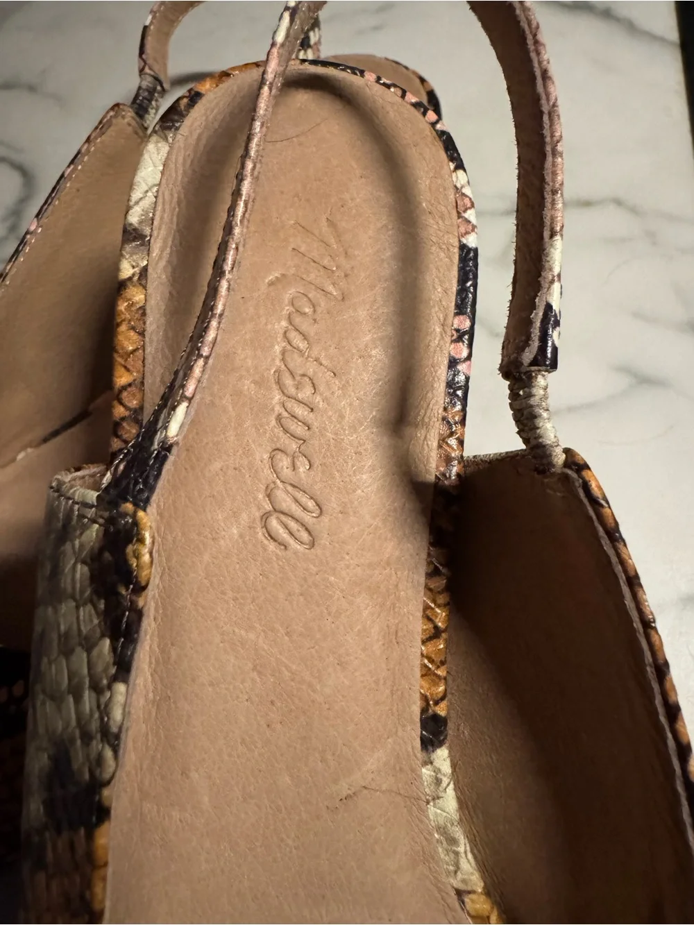 Madewell Snake-Print Slingback Flats in Black, Pink and Brown
